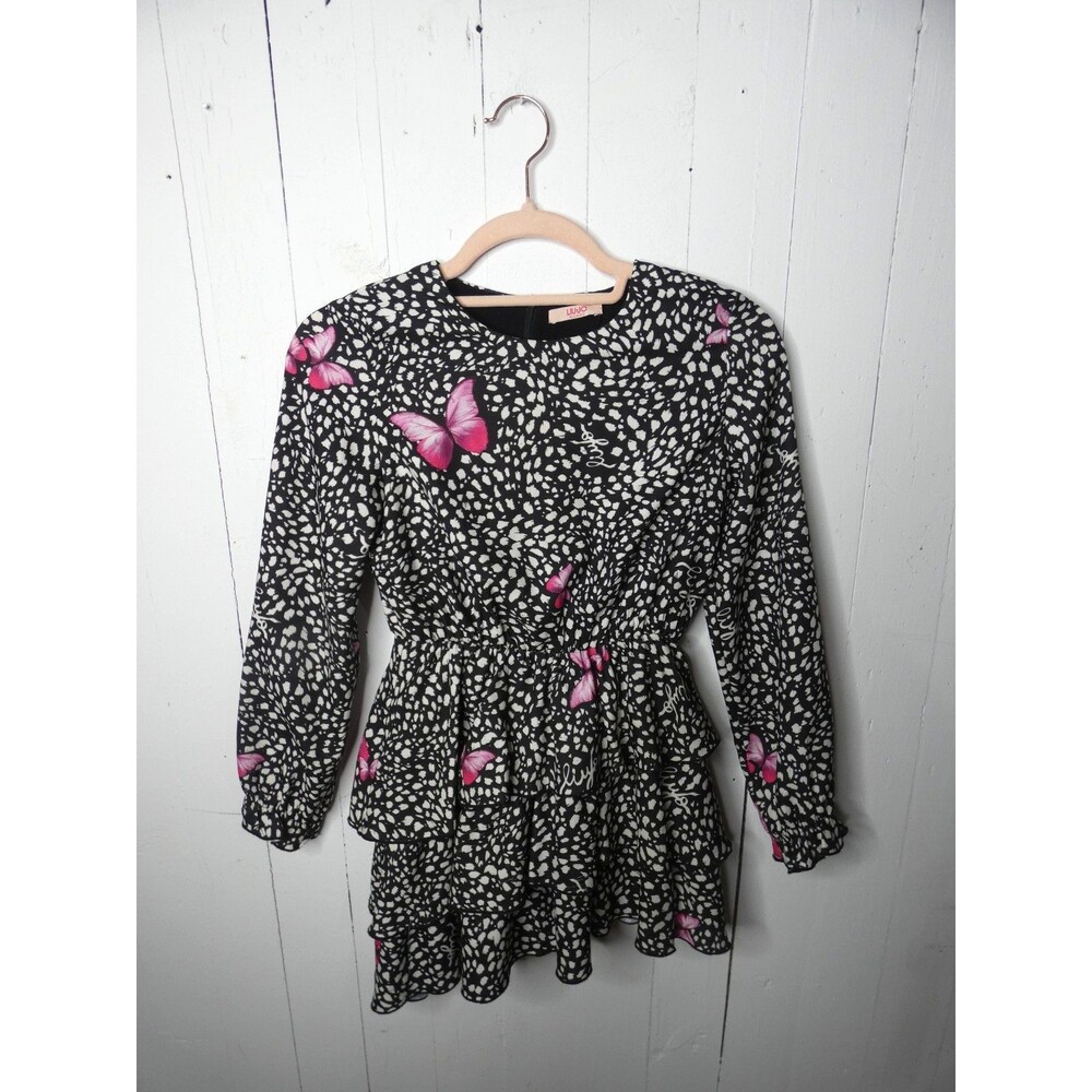 Liu Jo Milan Kids Girls 10 Butterfly Motif Ruffle Dress Black White Asymmetric
